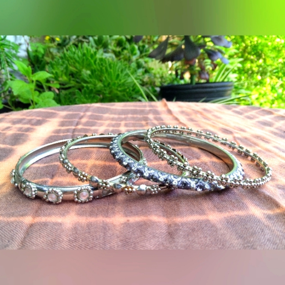 Set of Boho Indian Silver Tone Costume Bangles